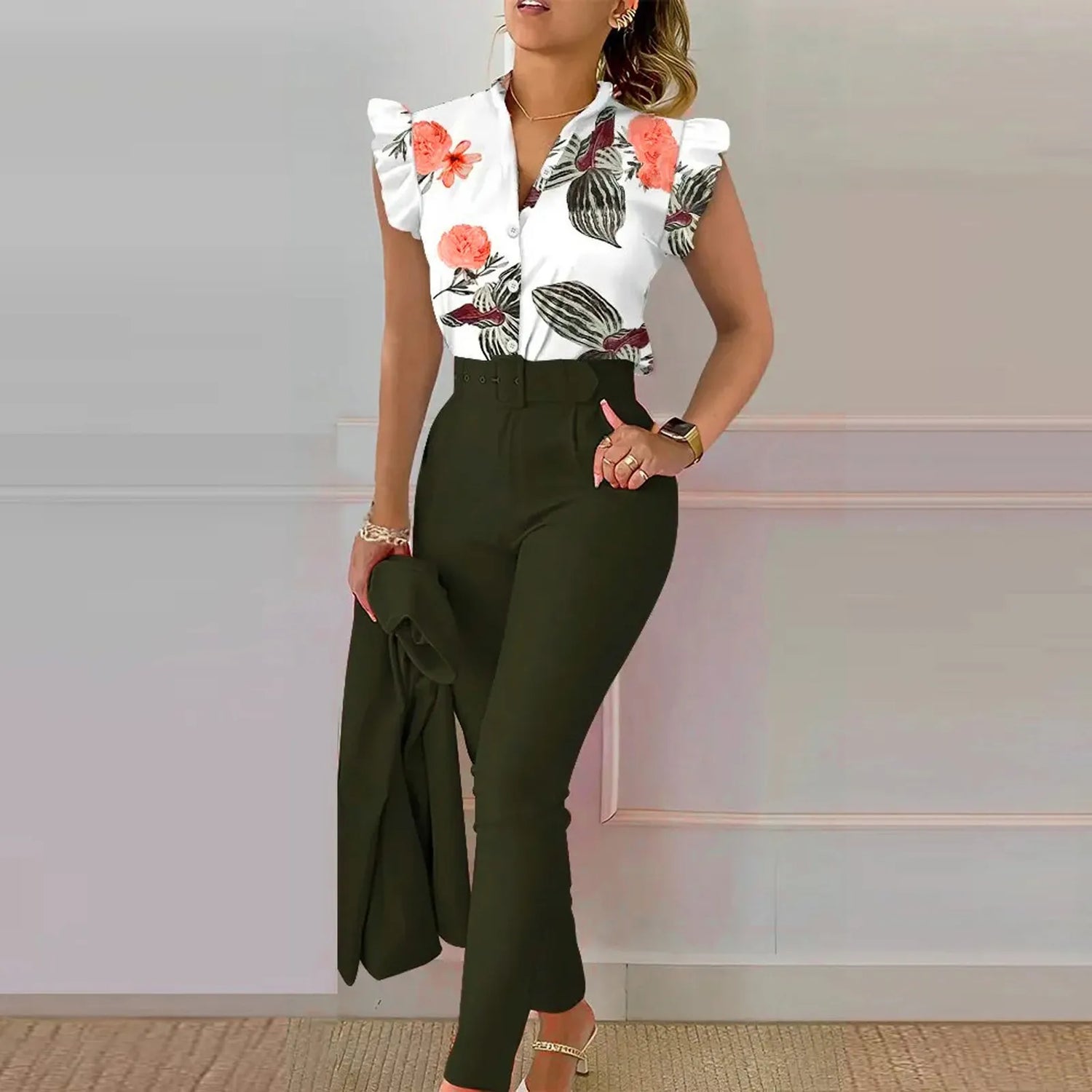 Elegant Short Sleeve Shirt Pants Set Office Lady Fashion V Neck Floral Print Ruffles Trousers Two Piece Set Women Outfit 2023