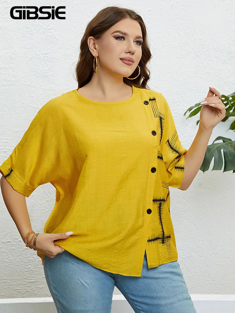 GIBSIE Plus Size Casual Print Button Front Women T Shirt 2024 New Summer Korean Fashion Half Sleeve Ladies O-Neck T-Shirts Tops