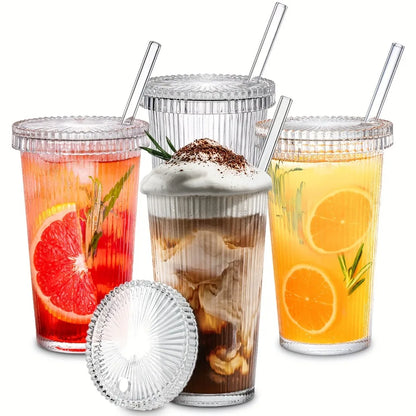 12.7 Oz Striped Glass Tumblers with Lids Straws Ribbed Glasses Drinking Cup Coffee Mug for Home Decor Birthday Gifts for Women