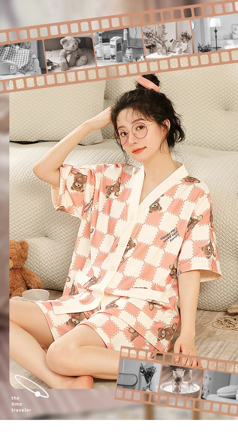 5XL Summer Plus Size Kimono Cardigan Women Pajama Knitted Cotton Nightwear Cute Printing Sleepwear Leisure Loungewear Casual Pjs