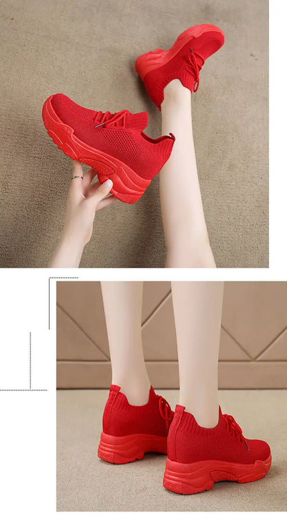 Hidden Heels White Women Spring Breathable Mesh Casual Platform Sneakers Surface Shoes 2023 New Thick Bottom Footwear Round Head