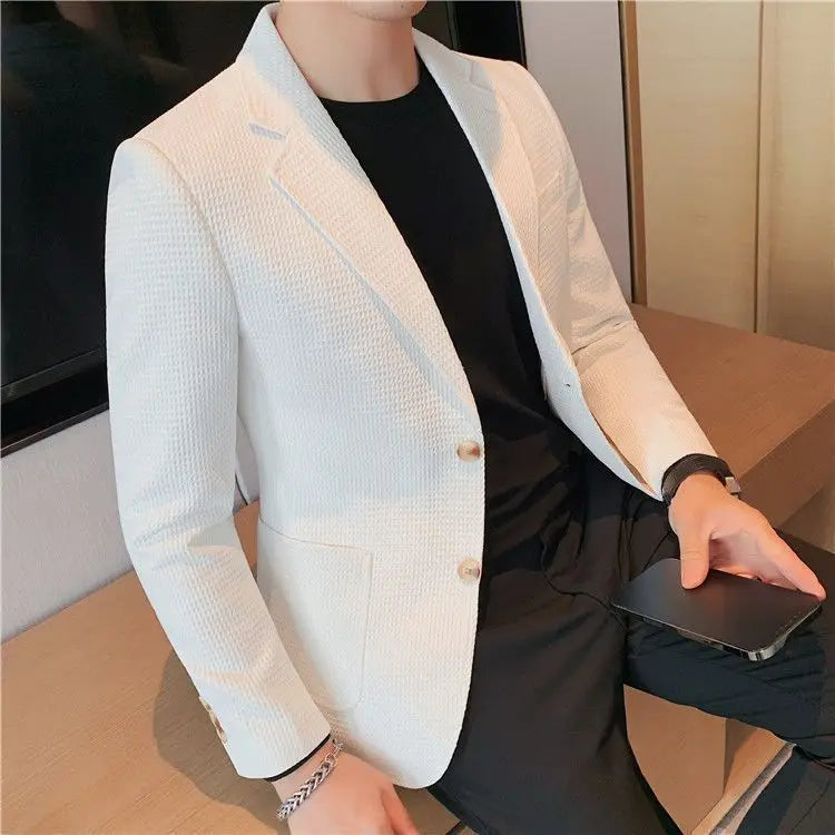 Man Suits and Blazers White Business Coats Dress Jackets Waffle Jacket for Men Clothing Korean Style Clothes Simple Breasted