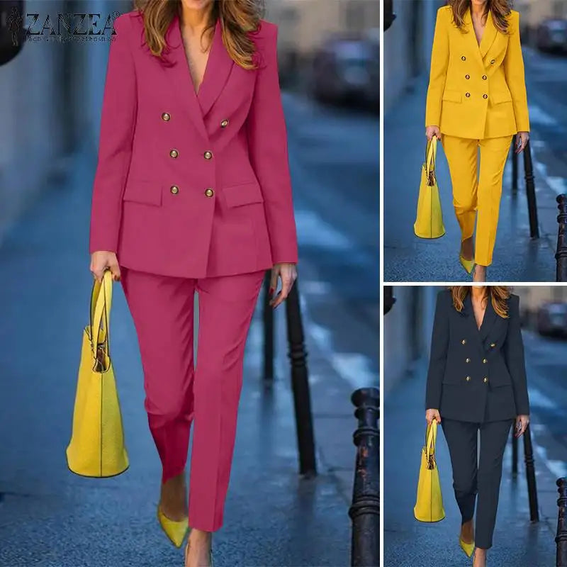 2PCS Spring Blazer Suits Fashion Solid Trousers Suits Office Lady Tracksuit Outifits ZANZEA Women Elegant OL Work Pants Sets