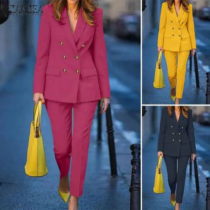 2PCS Spring Blazer Suits Fashion Solid Trousers Suits Office Lady Tracksuit Outifits ZANZEA Women Elegant OL Work Pants Sets