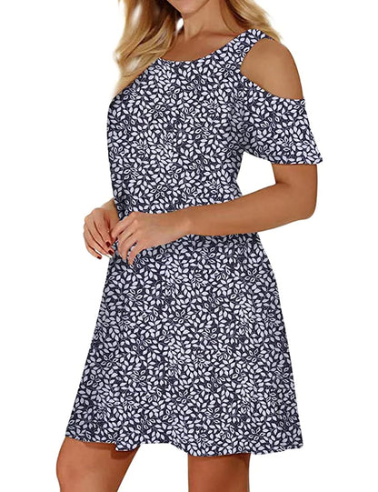 Womens Summer Cold Shoulder Floral Flowy T-Shirt Dress with Pockets