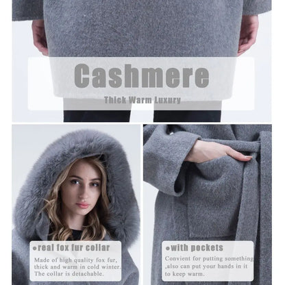 MISSJANEFUR Wool Coat with Real Fox Fur Collar Cuff Women 2023 Fashion Belted Cashmere Coats Warm Winter Hooded Trench Peacoat