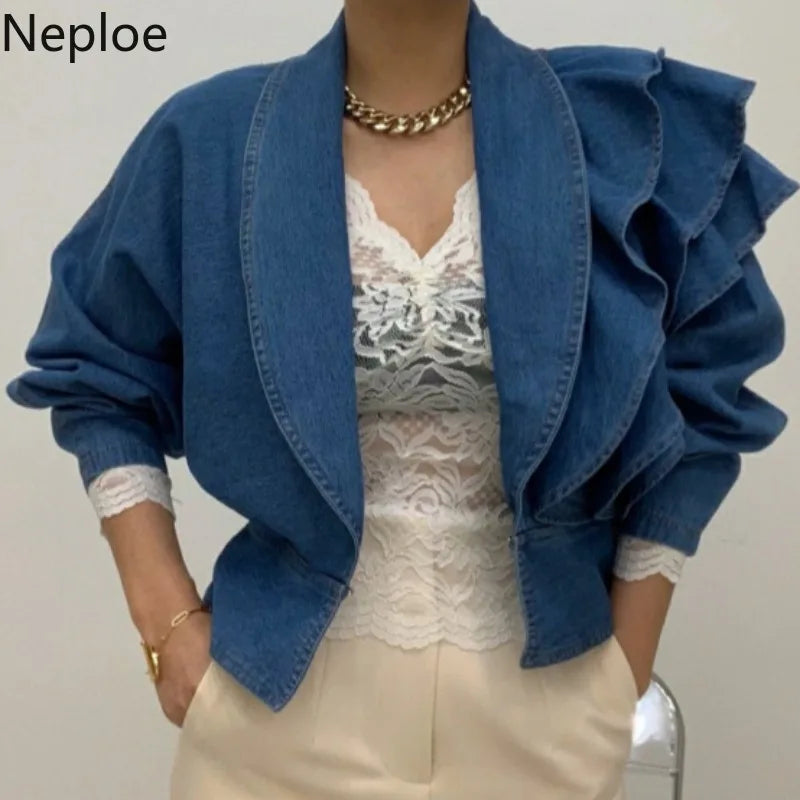 Neploe Fall 2023 Women Clothing Cropped Denim Jacket Vintage Turn-down Collar Puff Sleeve Ruffles Crop Tops Korean Jean Coat