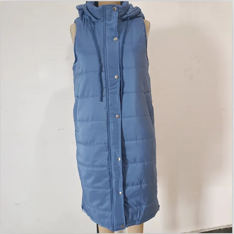 Women Long Waistcoats Warm Winter Sleeveless Hoodie Tie Collar Button Loose Overcoats Female Solid Vests BYFS-BK4567