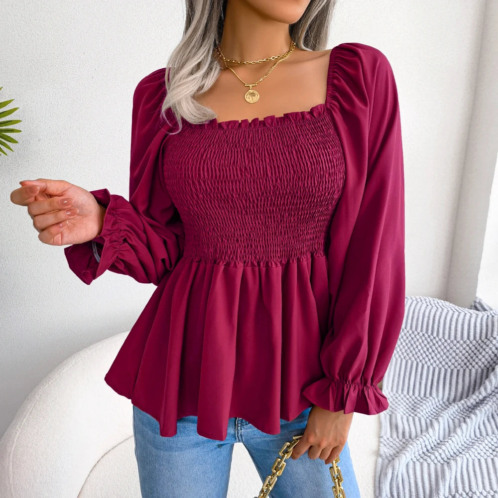 Women Chiffon Blouse 2023 Long Sleeve Casual Ruffles Peplum Top White Red Green Blue Black