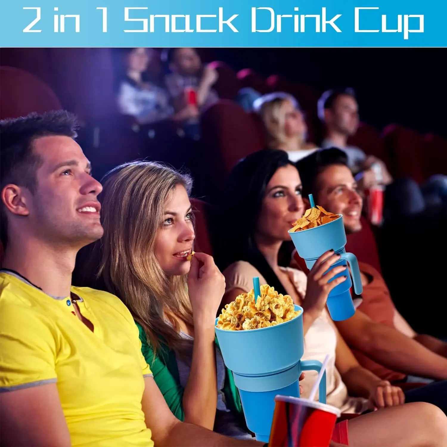 2In1 Snack Bowl Drink Cup with Straw Stadium Tumbler Water Bottle Straw Splash Proof Leakproof Portable Adults Kids Cinema Trip