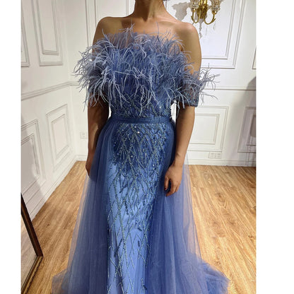 Serene Hill Dubai Luxury Beaded  Blue Mermaid Elegant Overskirt Evening Dresses Gowns 2024 For Women Wedding Party LA71634