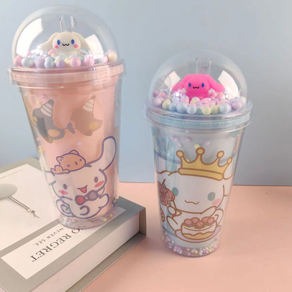 New Anime Sanrio Hello Kitty Cinnamoroll Melod Kuromi Water Cup Double-Layer Plastic Cup Portable Sport Mug Straw Water Cup Gift