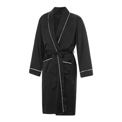 Mens Satin Bathrobe with Belt Long Sleeve V-neck Night Robe Sleepwear Soft Loungewear with Pockets