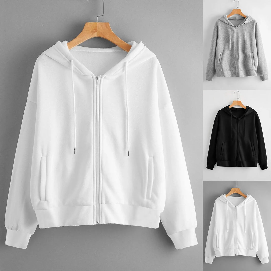 2024 Women Sweatshirt Hoodies Spring New Fashion Casual White Gray Black Zipper Hooded Sweatshirt Long Sleeve Coat Pullovers