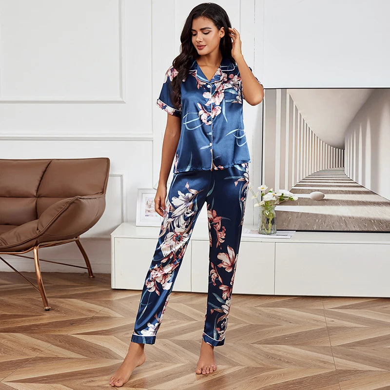 Pajamas For Women Silk Satin Sleepwear Spring Long Sleeve Top With Trouser Homewear Pyjama Flower Print Pajama Pants Lounge Sets