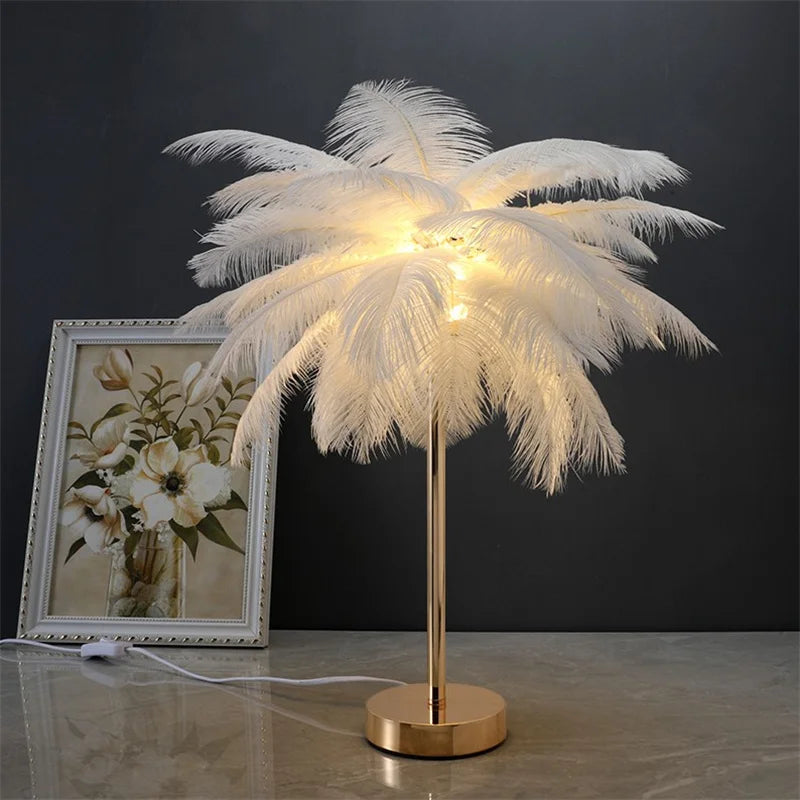 Nordic Luxury Feather LED Desk Light Home Decor Table Lamp Ostrich Feather Indoor Decor Stand Light Kid Study Night Light