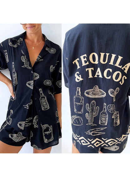 Women Pajamas Set 2 Pieces Loungewear Suits Tacos Tequila Letter Print Short Sleeve Loose Tops and Shorts Sleepwear Outfits