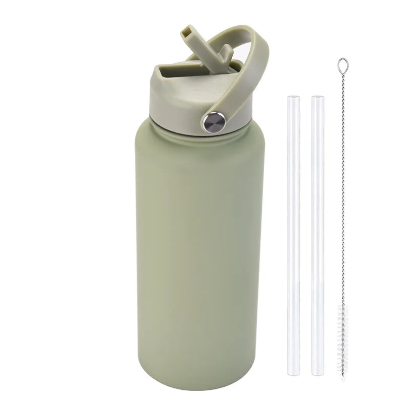 1L WATER BOTTLE Sports Double Thickened Stainless Steel Large Capacity American Large Mouth Portable Handle Straw Thermos CUP