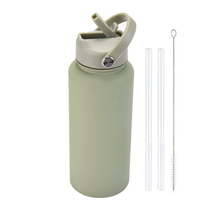 1L WATER BOTTLE Sports Double Thickened Stainless Steel Large Capacity American Large Mouth Portable Handle Straw Thermos CUP