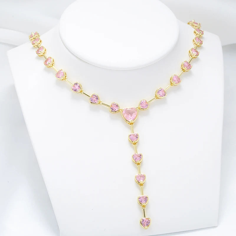 HECHENG,Love Heart Necklace Pink CZ Stone Jewelry set for women heart women bracelets Summer Jewelry wholesale