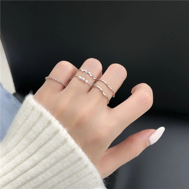 2024 New 5pcs/Set Geometric Rings Boho Style Wave Shape Rings Women Punk Gold Silver Color Ring Hip-Hop Ring Finger Accessories