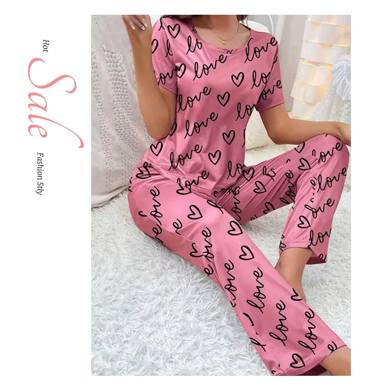 Summer Pijama Women Letter Print Pajamas Set Short Sleeve Crew Neck Tops Elastic Waistband Pants Women&