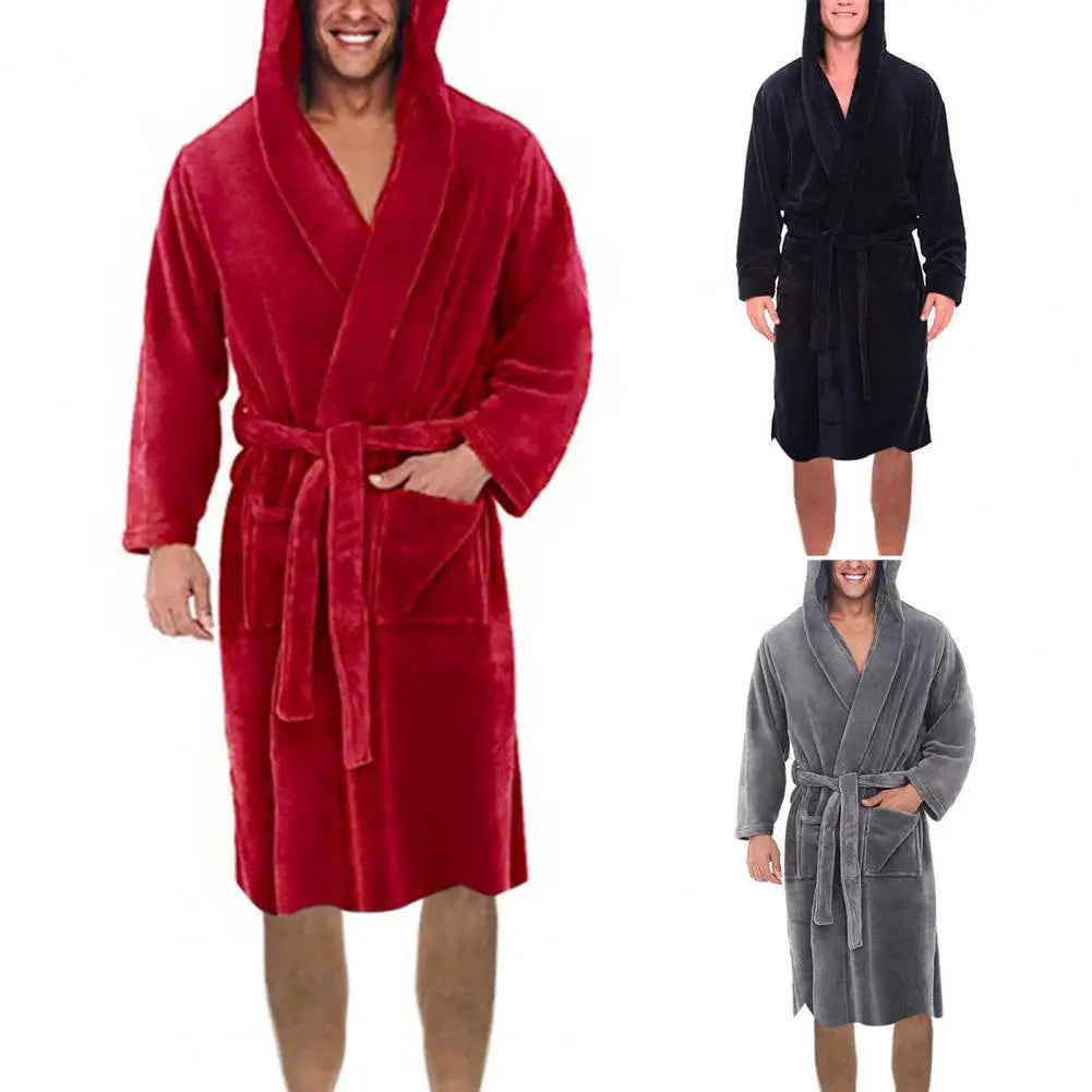 Long Sleeve Pocket Belt Solid Color Men Bathrobe Winter Warm Hooded Long Fleece Home Gown Sleepwear