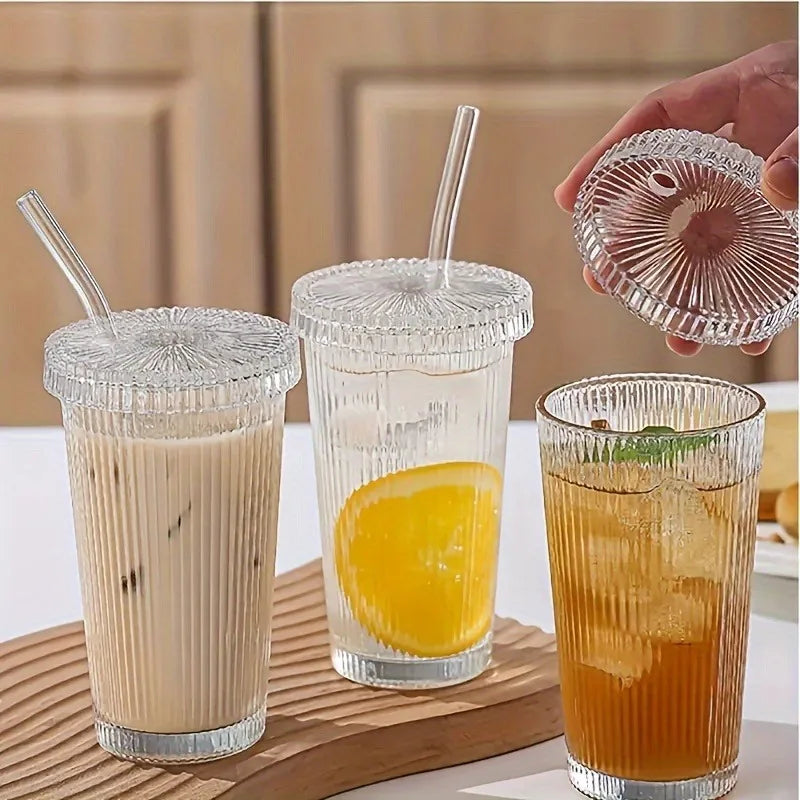 12.7 Oz Striped Glass Tumblers with Lids Straws Ribbed Glasses Drinking Cup Coffee Mug for Home Decor Birthday Gifts for Women