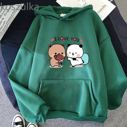 Panda Bear Cartoon Bubu And Dudu Kawaii Print Hooded Men Women Couple Hoodies Plus Size Pullover Harajuku Unisex Sweatshirt