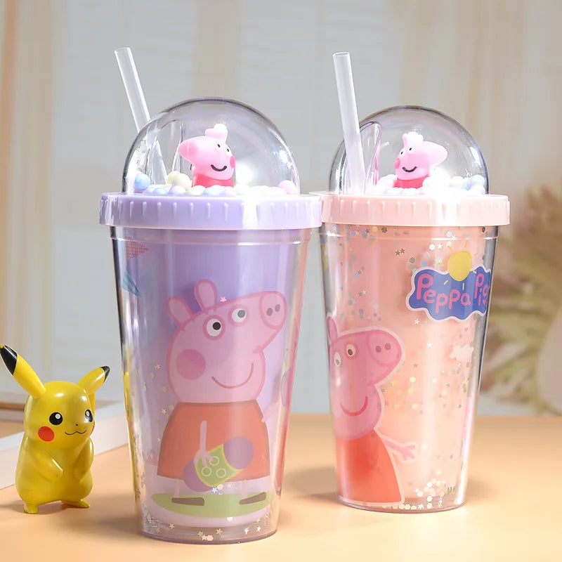 Anime Figures Peppa Pig Water Bottle Double-Layer Plastic Cup with Straw Portable Sports Mug Girl Birthday Party Decoration Kids