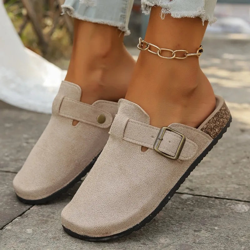 Summer New 2024 Womens Fashion Round Toe Flat Anti-slip Womens Shoes Casual Solid Color Suede Shallow Mouth Slip-on Womens Mules