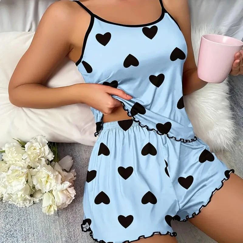 AOTVOTEE Elegant Sexy Casual Printed Shorts 2 Piece Set Nightgown Cosplay Sexy Pajama Summer Suspender Home Shorts Pajama Set