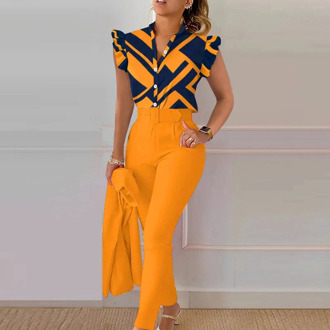 Elegant Short Sleeve Shirt Pants Set Office Lady Fashion V Neck Floral Print Ruffles Trousers Two Piece Set Women Outfit 2023