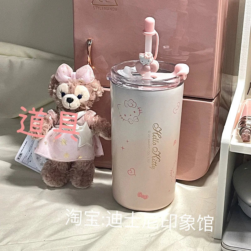 Sanrio Kawaii Hello Kitty Water Cup Student Cartoon Anime 480ML Portable Straw Direct Drink Thermos Cup Office Coffee Cup Gift