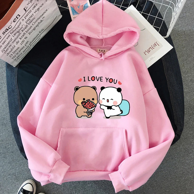 Panda Bear Cartoon Bubu And Dudu Kawaii Print Hooded Men Women Couple Hoodies Plus Size Pullover Harajuku Unisex Sweatshirt