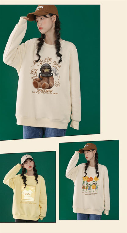 EVNISI Autumn Winter Women Lambswool Thicken Thermal Sweatshirts Printed Cute Fleece Warm Hoodies Women Casual Loose Sweatshirts