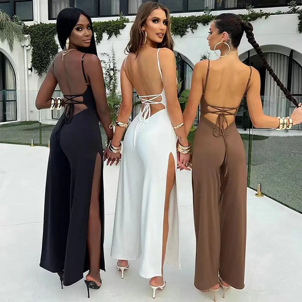 Sexy Backless Women Jumpsuit Spaghetti Straps Side High Split Slim Lace Up Summer Ladies Casual Long Romper Overall Party Wear