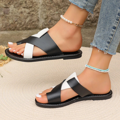 Womens 2024summer New Flat Non-slip PU Waterproof Womens Shoes Outdoor Casual Comfortable Beach Dress Womens Slippers Large Size