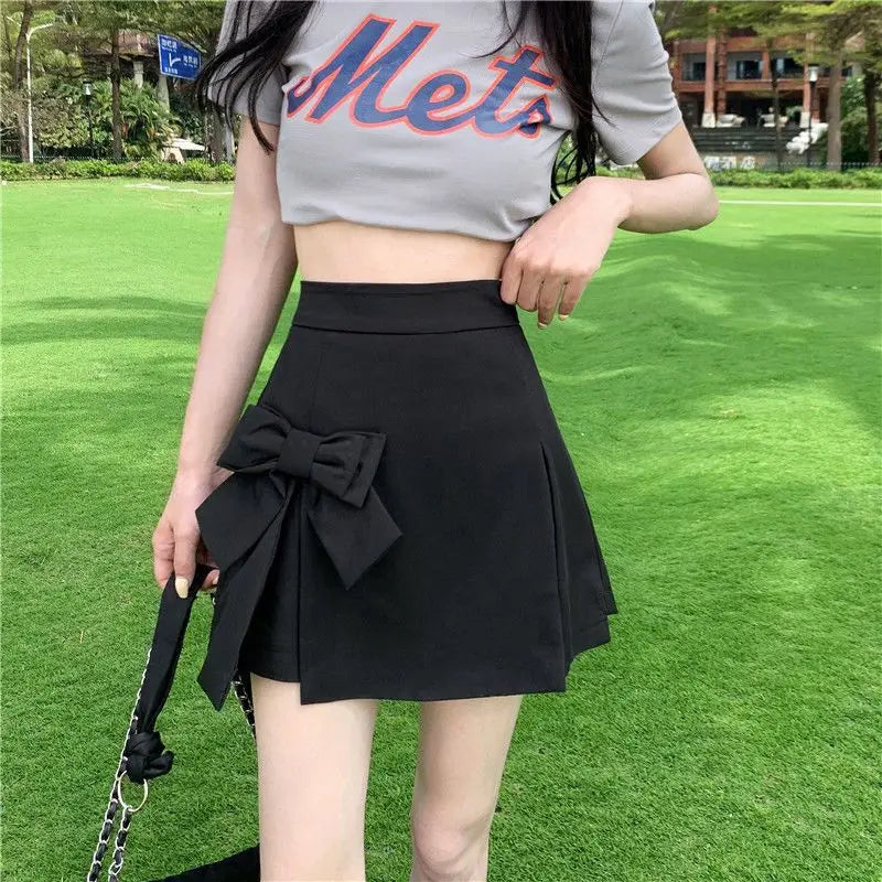 Zoki Cute Bow Women Sexy Pleated Skirt Janpan Sweet High Waist Student A Line Mini Skirt Summer Zipper Female Solid Color Skirt