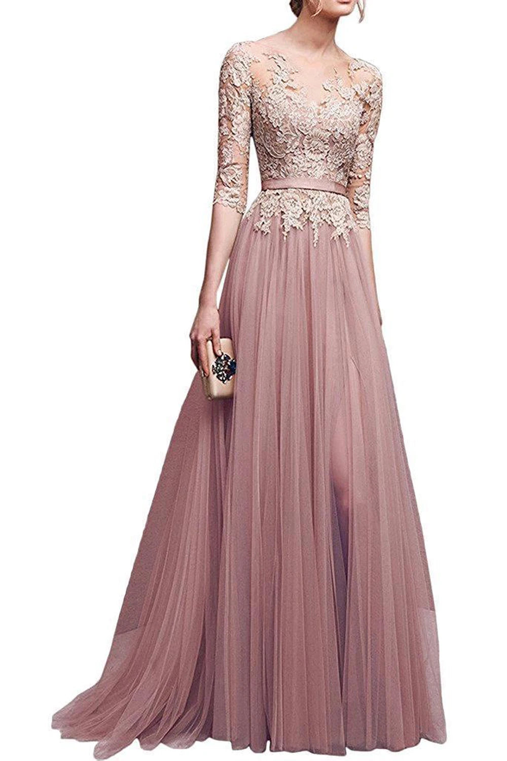 Lace Scoop Neckline Evening Dresses Elegant Half Sleeve Appliques Tulle Formal Party Floor-length Backless With Belt Robe De