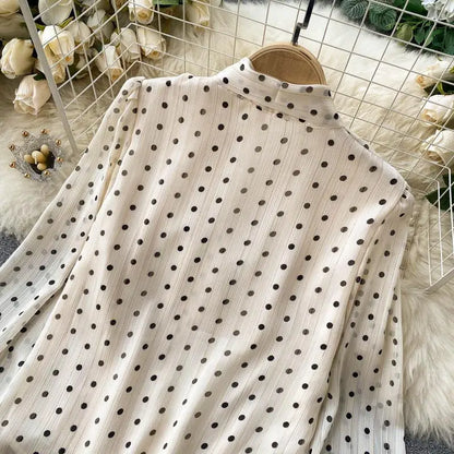 Beige Polka Dot Bow Neck Elegant Chiffon Long Sleeve Loose Women&