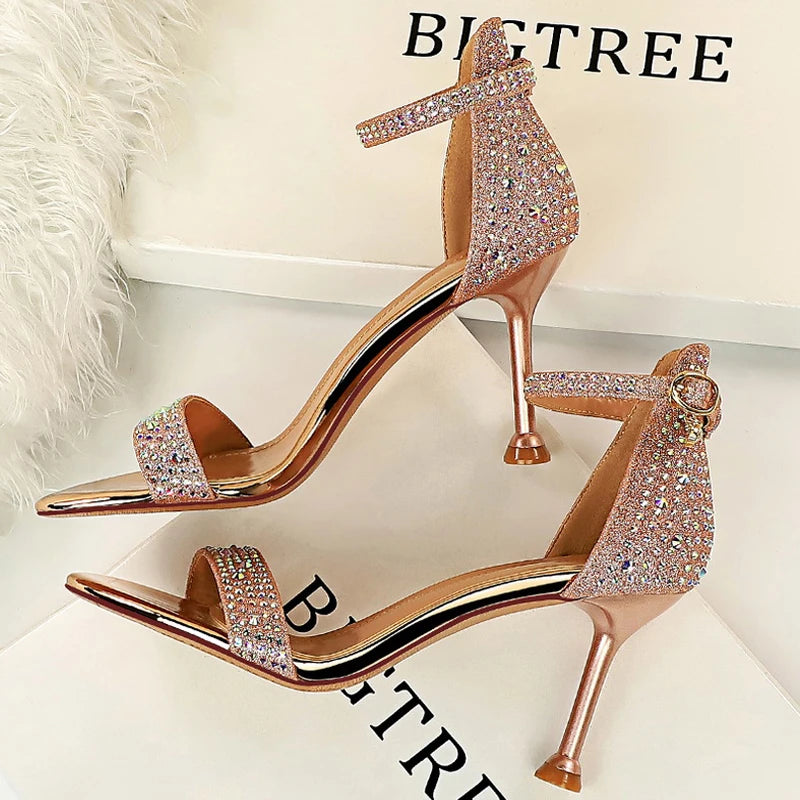 BIGTREE Shoes Rhinestone High Heels Women Pumps Sexy Kitten Heels Party Shoes Open Toe Women Sandals Heel Stiletto Wedding Shoes