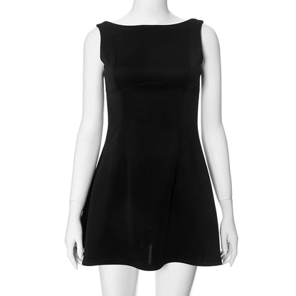 TARUXY Sexy Backless Mini Vest Dress For Women Sleeveless Solid High Waist Slim Elegant Solid Female Beach Club Party Dresses