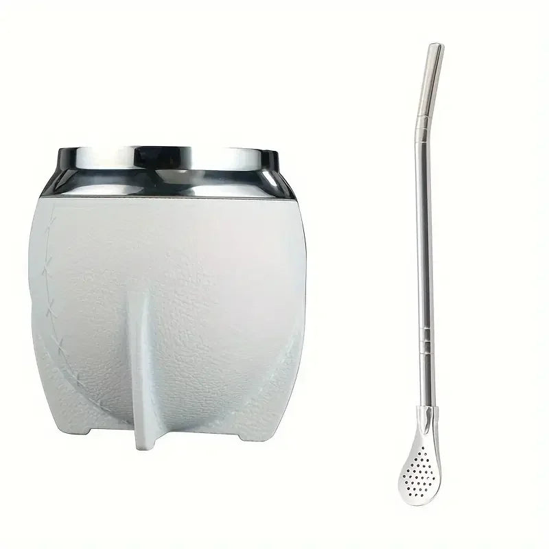 LUSQI 1PC Stainless Steel Leather Cover Double Layer Mate Tea Mug Trendy Creative Water Cup With Straw Spoon