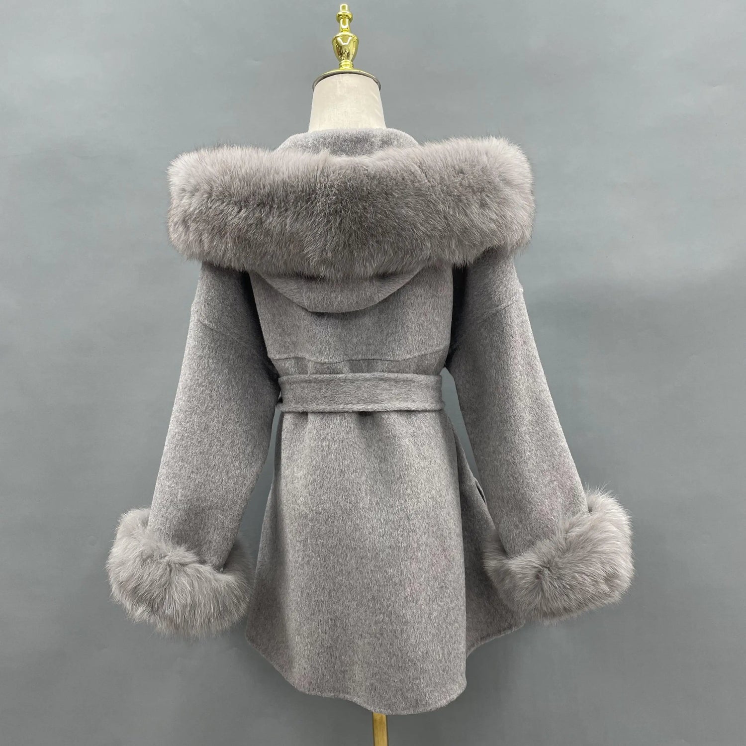 MISSJANEFUR Wool Coat with Real Fox Fur Collar Cuff Women 2023 Fashion Belted Cashmere Coats Warm Winter Hooded Trench Peacoat