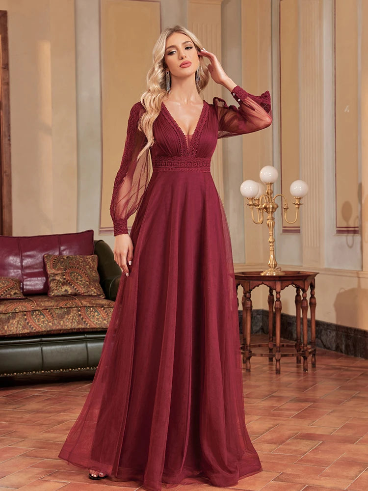 Lucyinlove Elegant Tulle V-Neck Formal Evening Dresses Long Sleeve 2024 Womwen Floor-Length Party Dress Chiffon Cocktail Prom