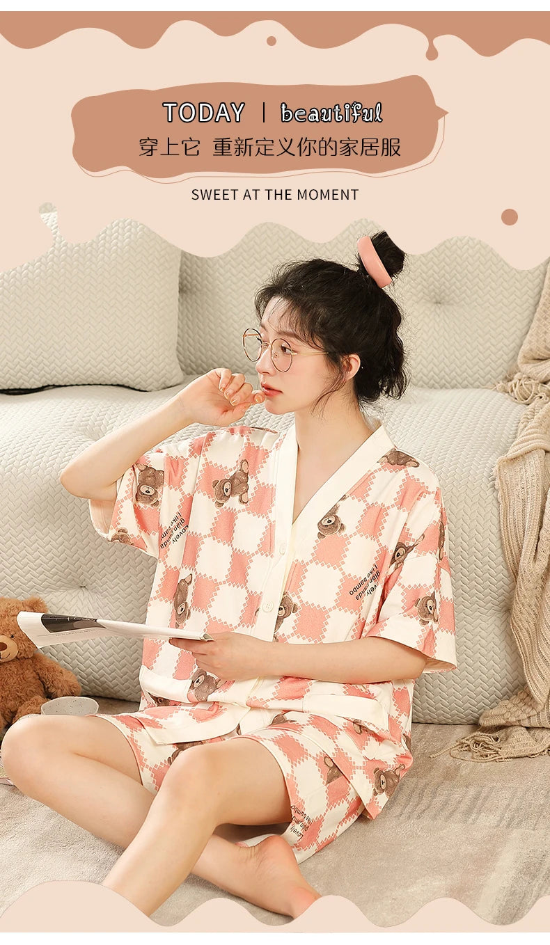 5XL Summer Plus Size Kimono Cardigan Women Pajama Knitted Cotton Nightwear Cute Printing Sleepwear Leisure Loungewear Casual Pjs