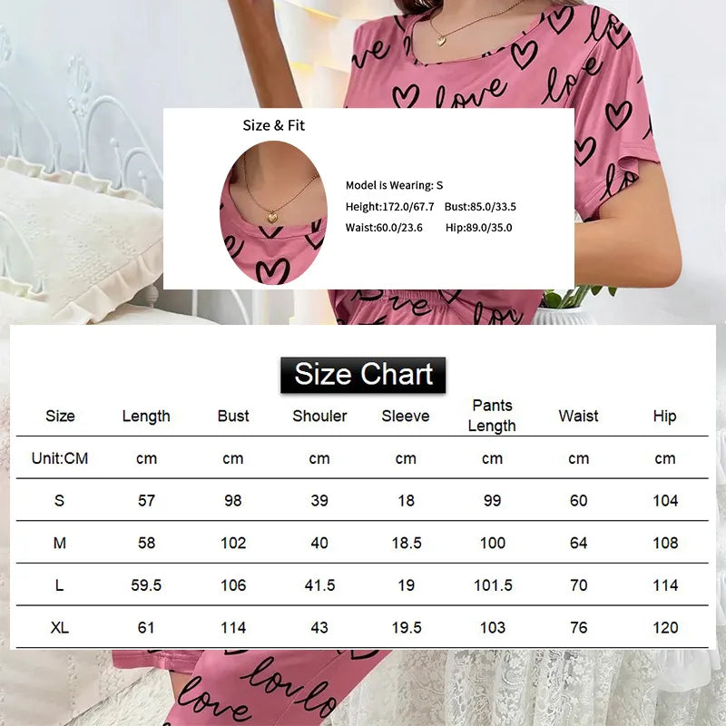 Summer Pijama Women Letter Print Pajamas Set Short Sleeve Crew Neck Tops Elastic Waistband Pants Women&