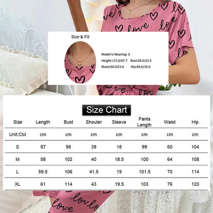 Summer Pijama Women Letter Print Pajamas Set Short Sleeve Crew Neck Tops Elastic Waistband Pants Women&