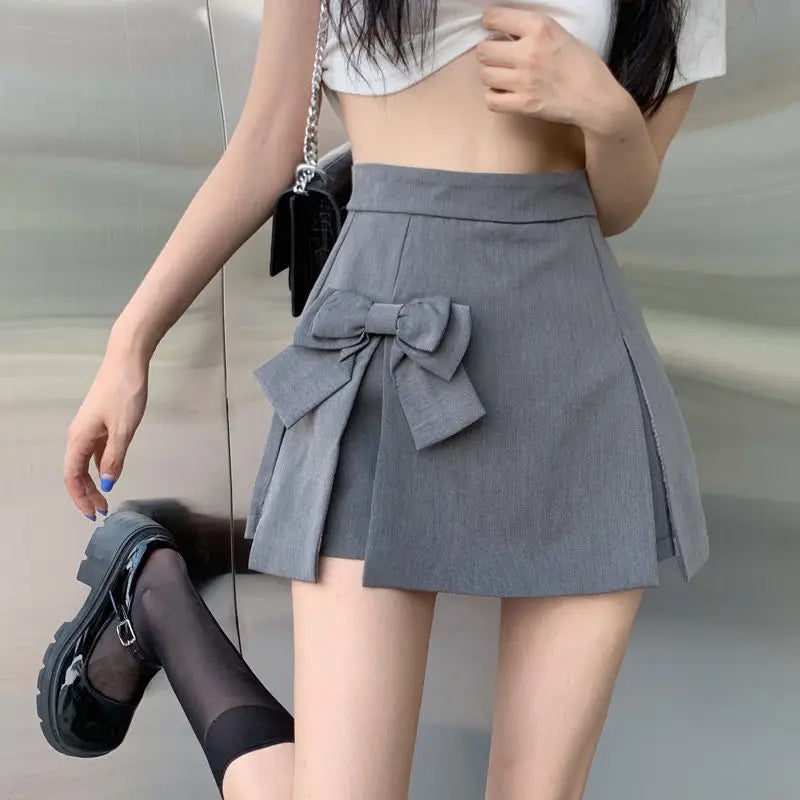 Zoki Cute Bow Women Sexy Pleated Skirt Janpan Sweet High Waist Student A Line Mini Skirt Summer Zipper Female Solid Color Skirt